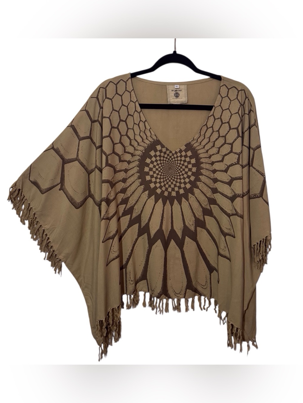 Om Gaia Tree Medium/Large Brown Floral Fringe Top Blouse Boho Hippie Festival